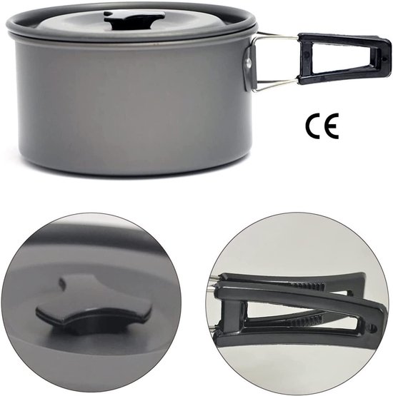 Camping Kochgeschirr Set, Portable Camping Töpfe mit 0.8L Teekessel Outdoor Kochset Kochtopf Pan Set für 2-3 Persone BBQ Wandern Kochen van Camp — afbeelding 2