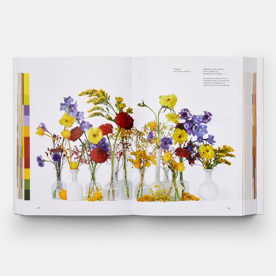 Pagina uit 'Flower Colour Theory' met verschillende bloemen in vaasjes, in primaire kleuren.