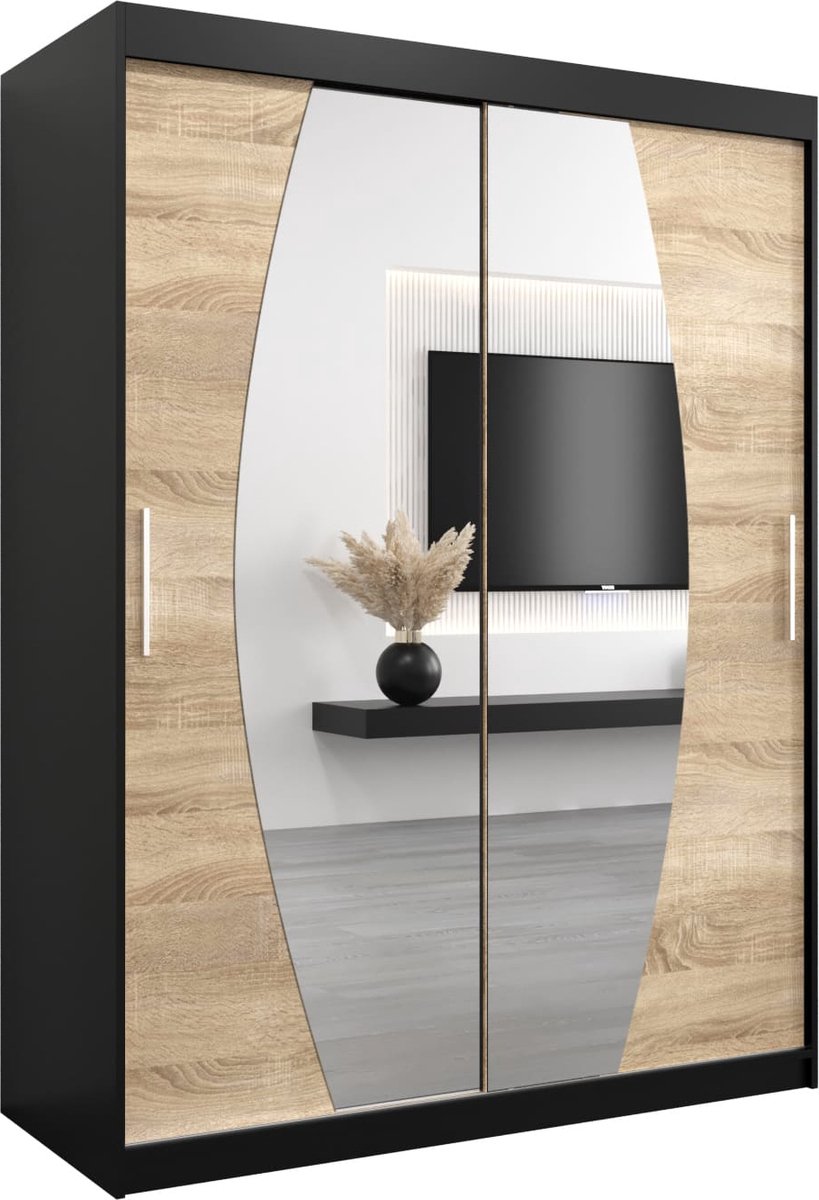 InspireME Kledingkast met 2 schuifdeuren, Modern-stijl, Een kledingkast met planken en een spiegel (BxHxD): 150x200x62 - GLOBE 150 Zwart Mat + Sonoma Eik