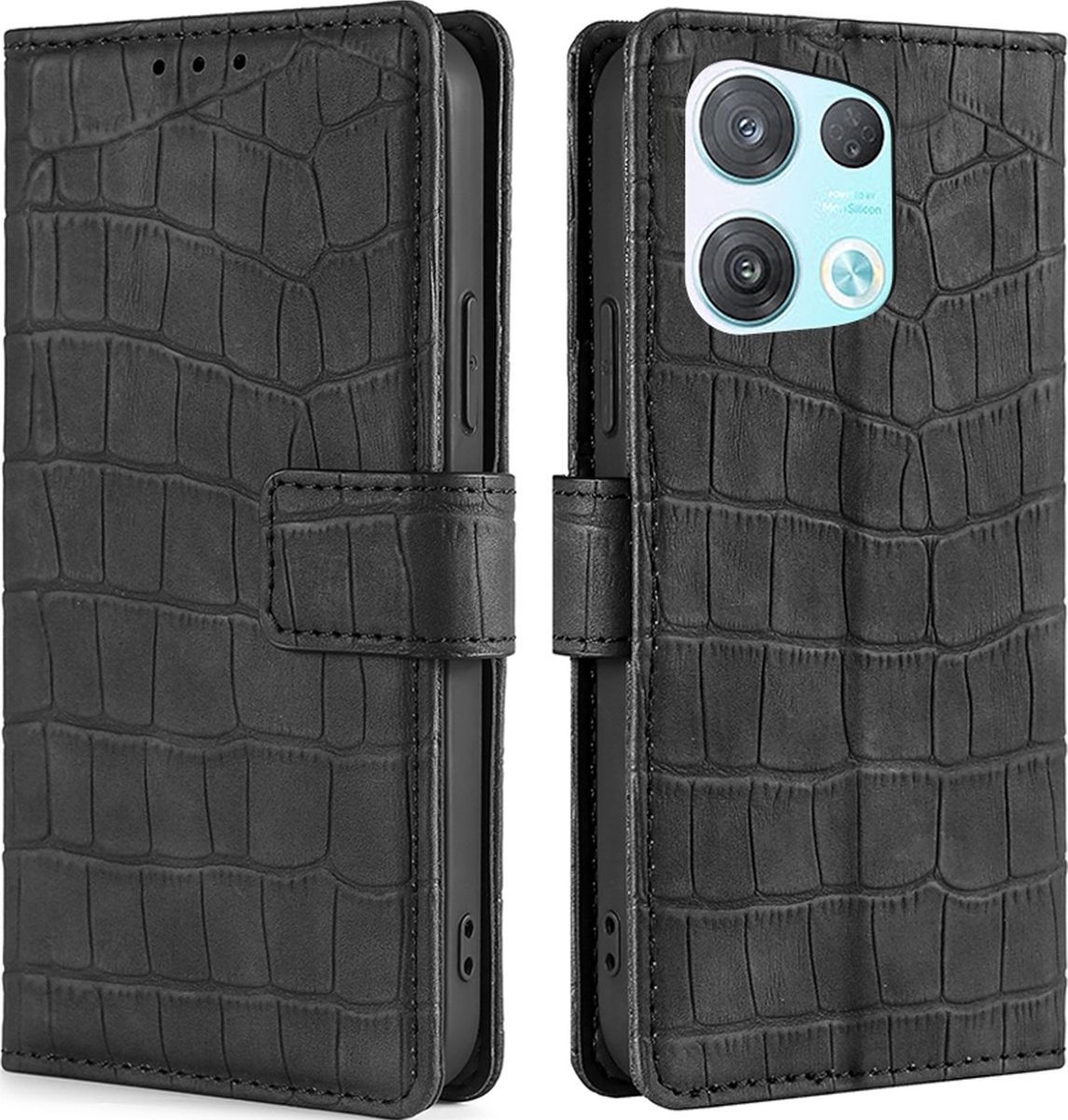 Mobigear Telefoonhoesje geschikt voor OPPO Reno 8 Pro 5G Hoesje | Mobigear Croco Bookcase Portemonnee | Pasjeshouder voor 3 Pasjes | Telefoonhoesje voor Pinpas / OV Kaart / Rijbewijs - Zwart