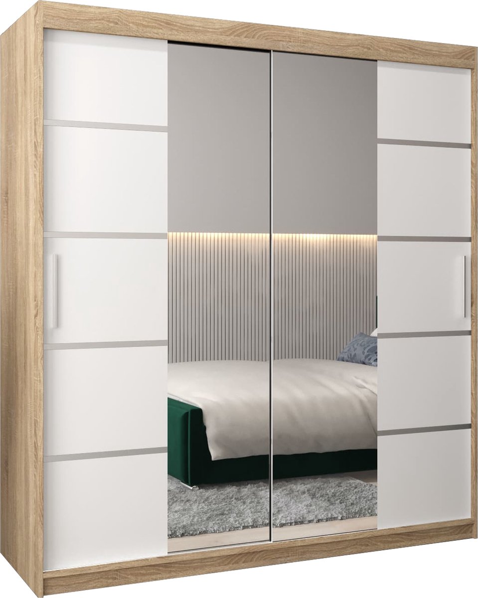 AJE Meubles B.V. InspireMe - Kledingkast met 2 schuifdeuren, Modern-stijl, Kledingkast met planken (BxHxD): 180x200x62 - VENTILA IV 180 Sonoma Eik + Wit Mat met 4 lades