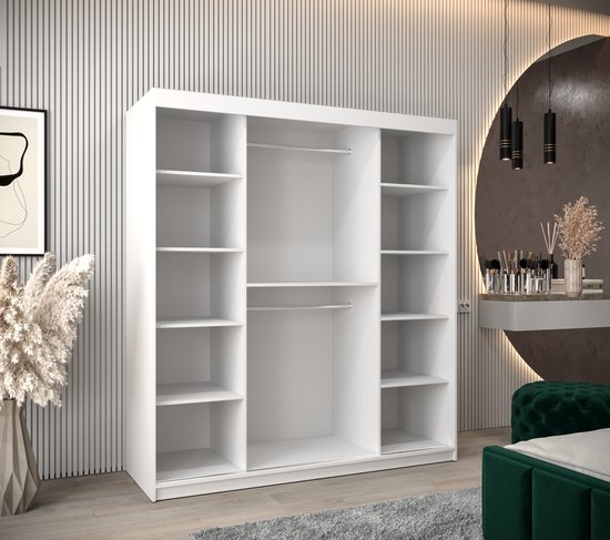 InspireMe - Armoire avec 2 portes coulissantes, Style moderne, Armoire avec étagères (LxHxP): 180x200x62 - VENTILA IV 180 Wit Mat