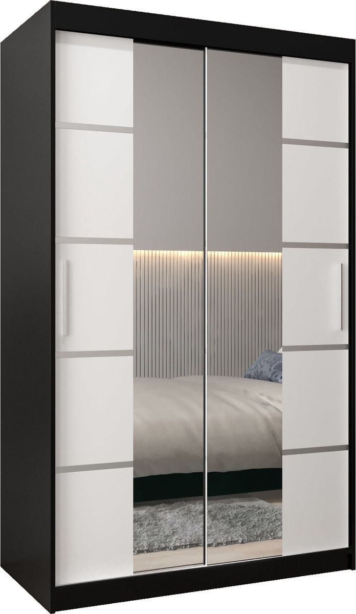 InspireME Kledingkast met 2 schuifdeuren, Modern-stijl, Kledingkast met planken (BxHxD): 120x200x62 - VENTILA IV 120 Zwart Mat + Wit Mat
