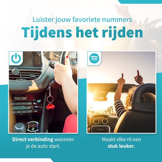 Deux images : Une femme au volant avec le chargeur et une femme dans la voiture écoutant de la musique.