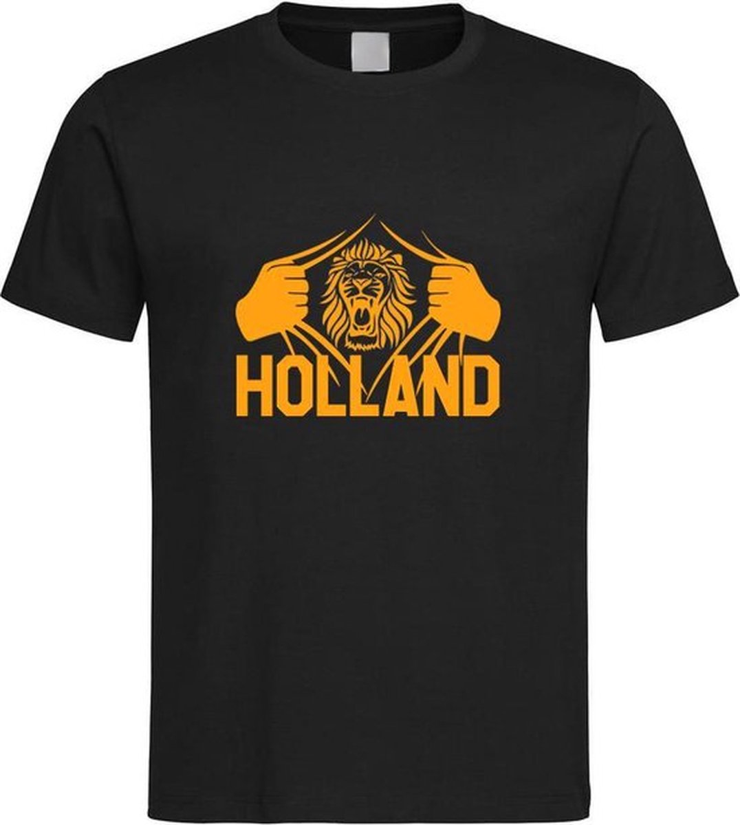 Zwart EK /WK voetbal T-shirt met “ Brullende Leeuw en Holland “ print Oranje maat L