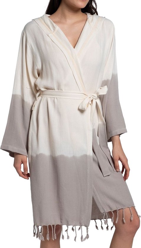 Dip Dye Badjas Taupe - M - peignoir extra doux - peignoir de luxe - robe de chambre - peignoir sauna - longueur moyenne - fin - capuche