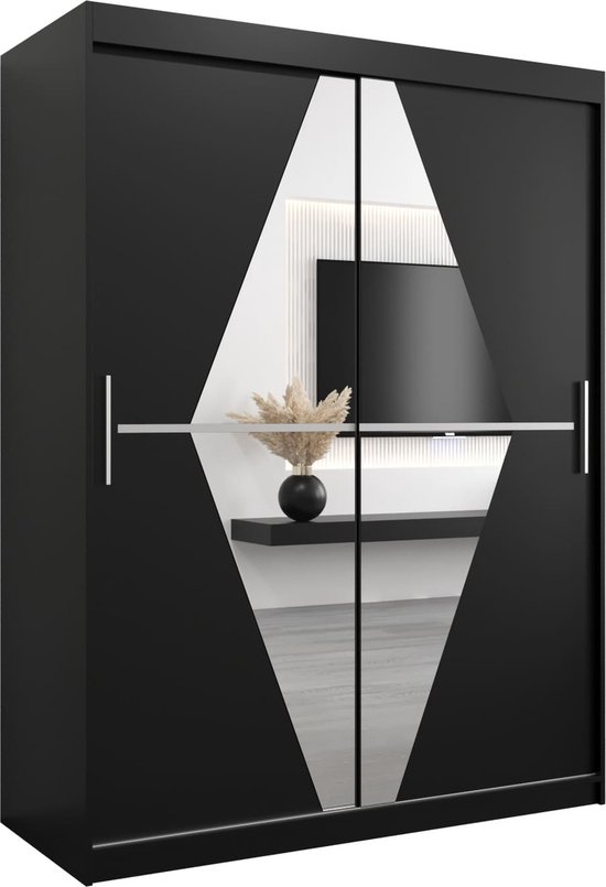 InspireMe - Kledingkast met 2 schuifdeuren, Modern-stijl, Een kledingkast met planken en een spiegel (BxHxD): 150x200x62 - BOLA 150 Zwart Mat met 2 lades