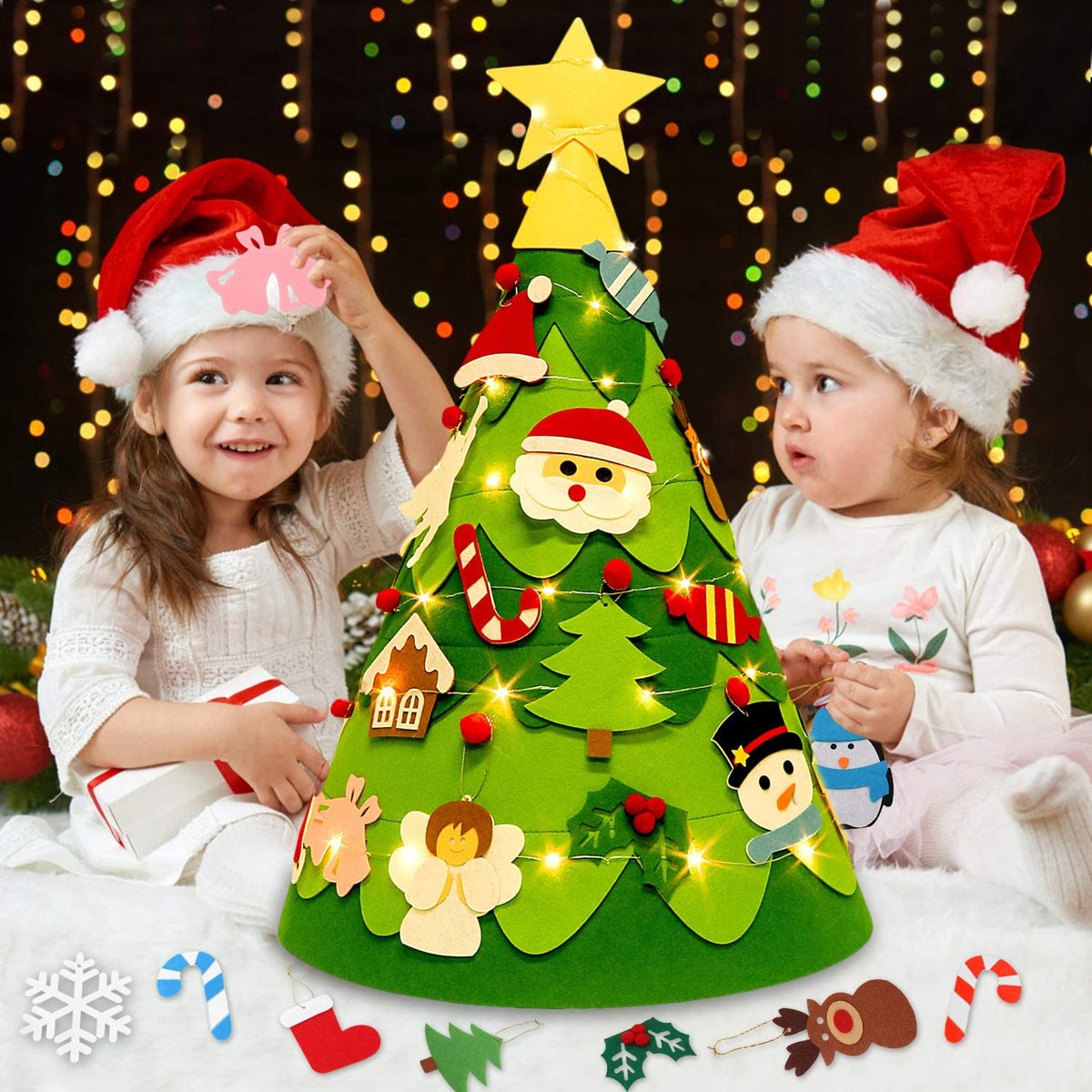 Selwo Kinderkerstboom, 3D Toddler DIY kerstboom van vilt met 28 ornamenten 50 ledlampjes voor kinderen huisdeur muur kerstdecoratie