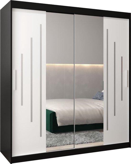 Moderne zwarte kast met 4 witte deuren, waarvan 2 spiegeldeuren. Verticale zilveren grepen.