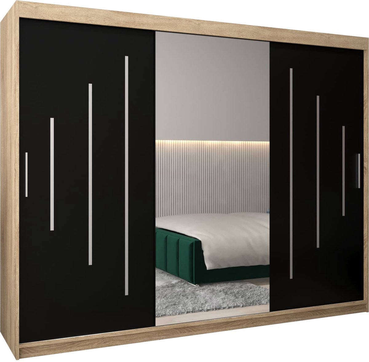 InspireME Kledingkast met 3 schuifdeuren, Modern-stijl, Een kledingkast met planken en een spiegel (BxHxD): 250x200x62 - MALTESE I 250 Sonoma Eik + Zwart Mat met 4 lades