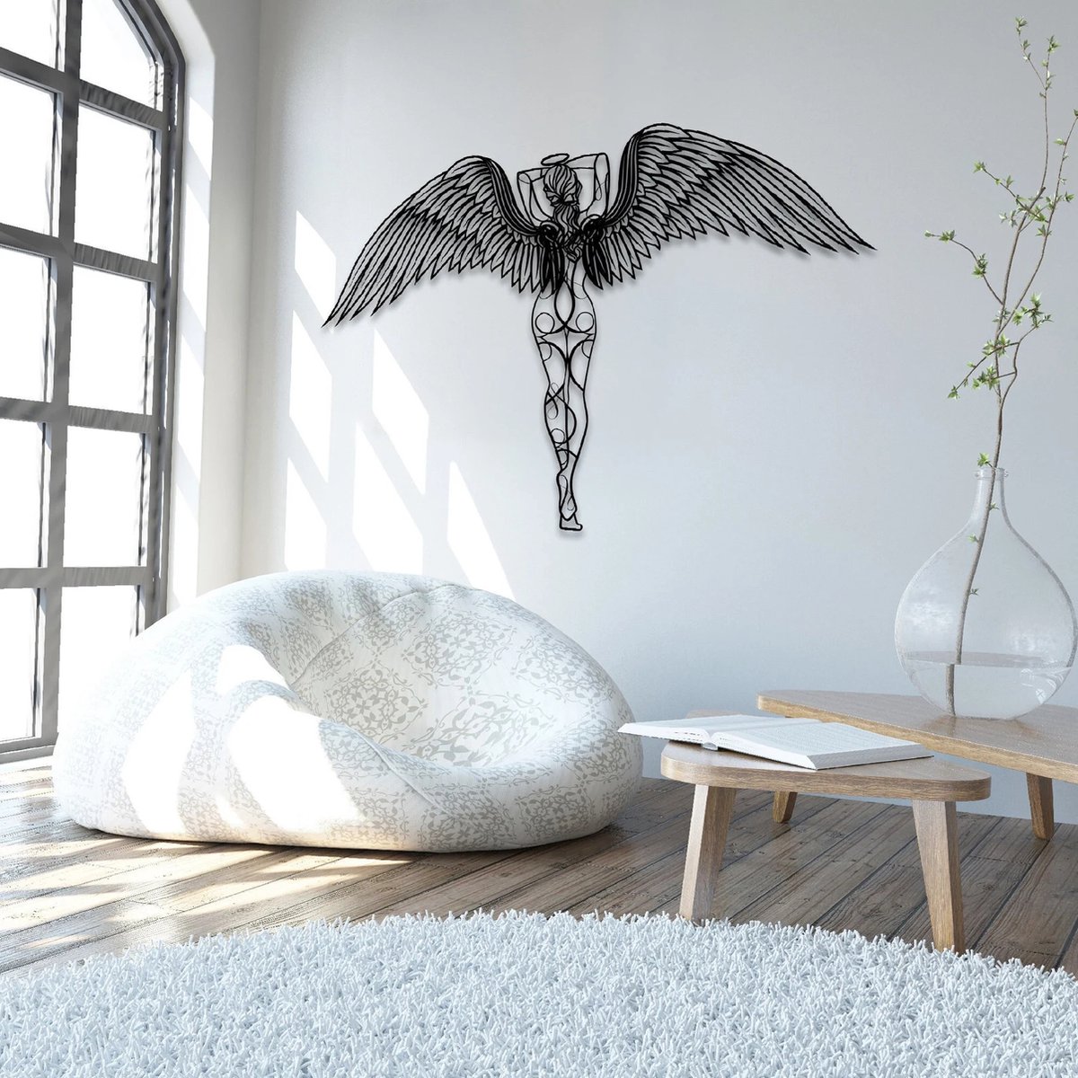 Metalen Wanddecoratie Engel – 3D Wandkunst – Wit met Zwarte Vleugels – 101 x 133 cm