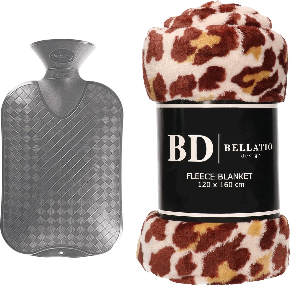 Bellatio Design - Fleece deken Panter 120x160 cm + warmwater kruik 2L