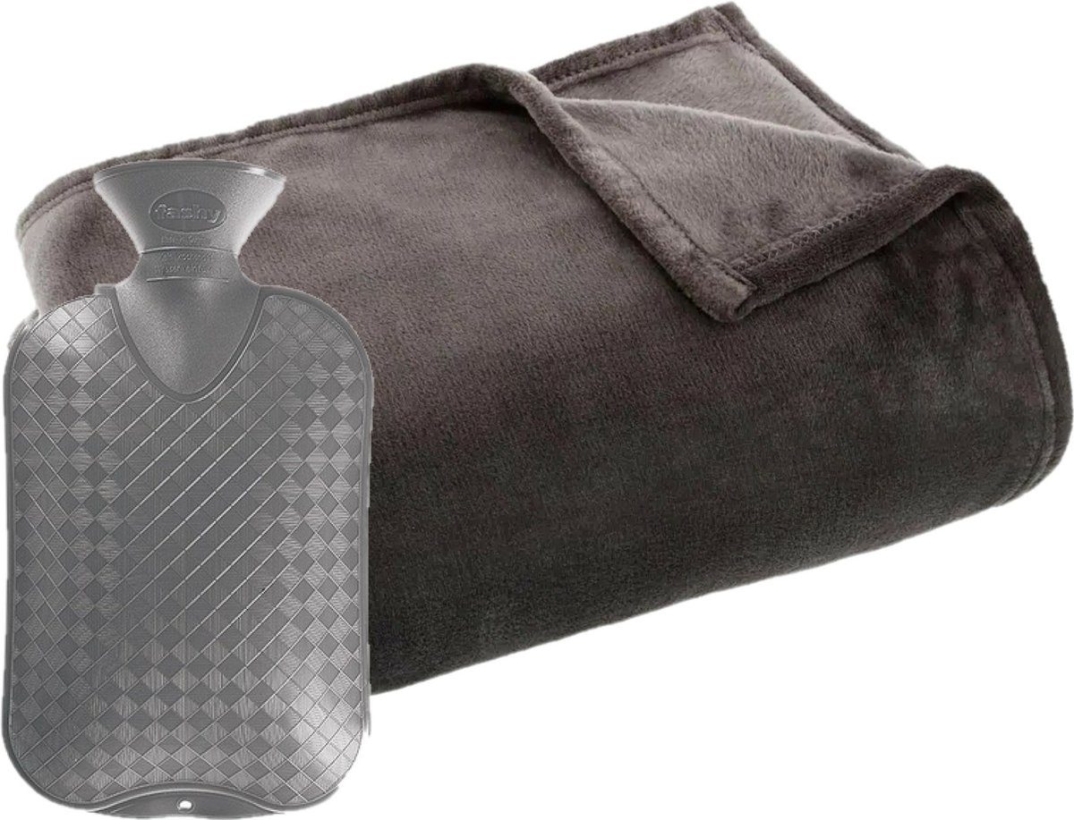 Fleece deken/plaid Donkergrijs 125 x 150 cm en een warmwater kruik 2 liter