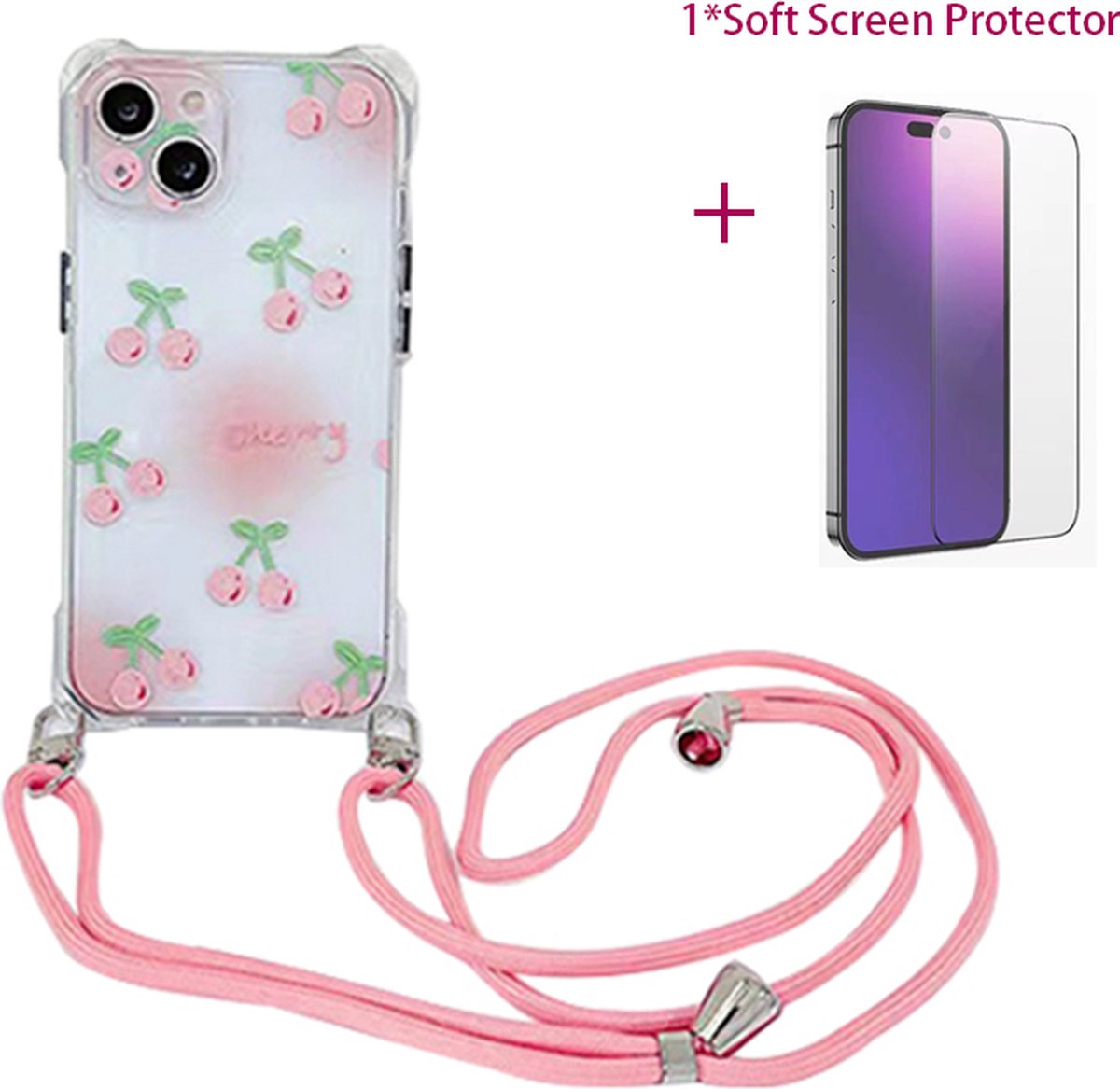 Somstyle iPhone 14 Pro Hoesje met Roze Koord en Screen Protector - Back Cover - Transparant Cherry