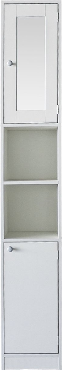 Kolomkast - opbergkast badkamer of hal - met spiegel - 180 cm hoog - wit