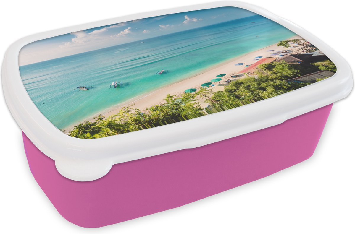 Broodtrommel Roze - Lunchbox - Brooddoos - Strand - Zee - Boot - Bali - 18x12x6 cm - Kinderen - Meisje