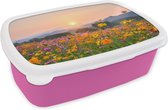Broodtrommel Roze - Lunchbox - Brooddoos - Bloemen - Zonsondergang - Berg - 18x12x6 cm - Kinderen - Meisje