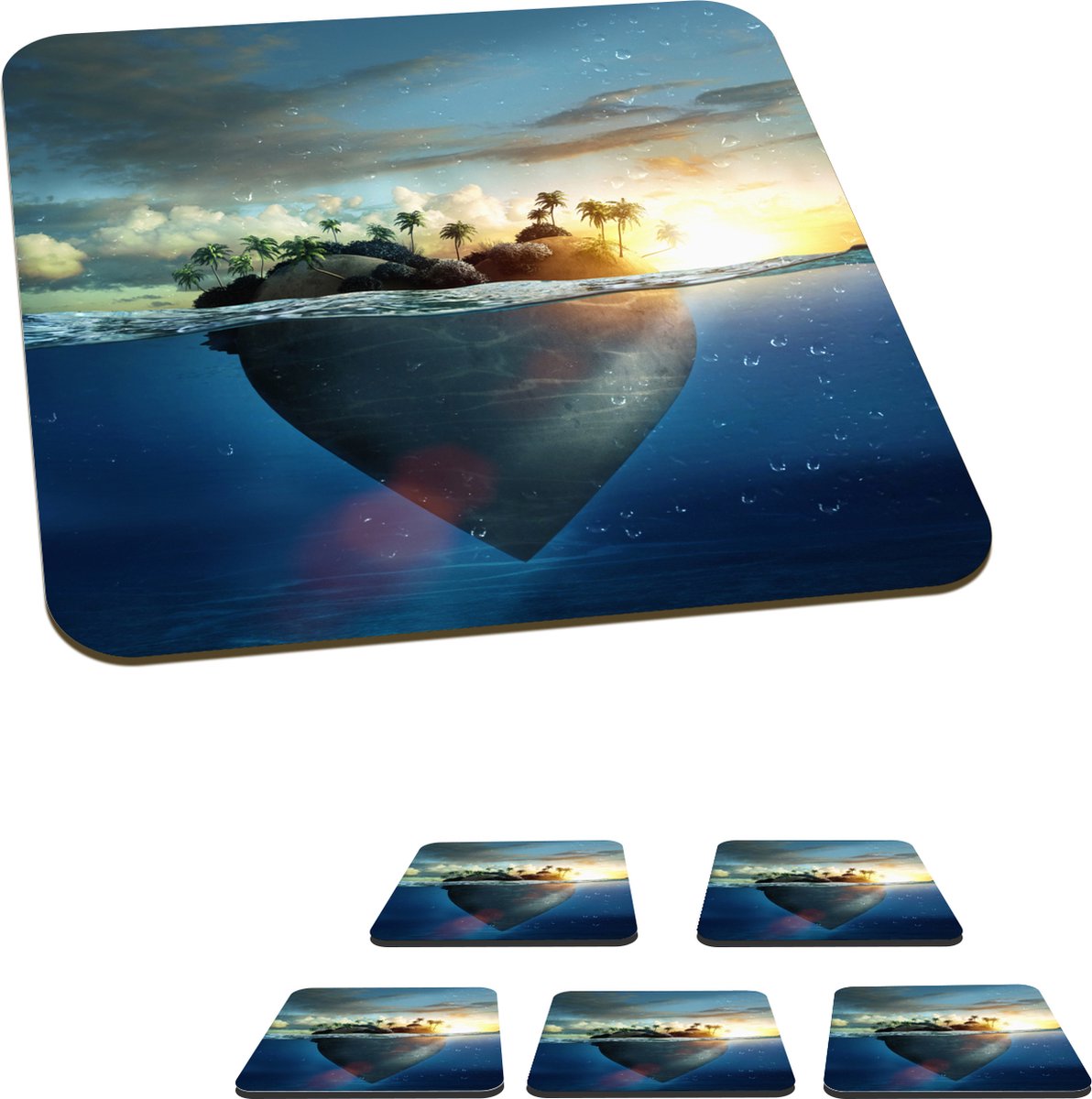 Onderzetters voor glazen - Zee - Eiland - Hart - 10x10 cm - Glasonderzetters - 6 stuks