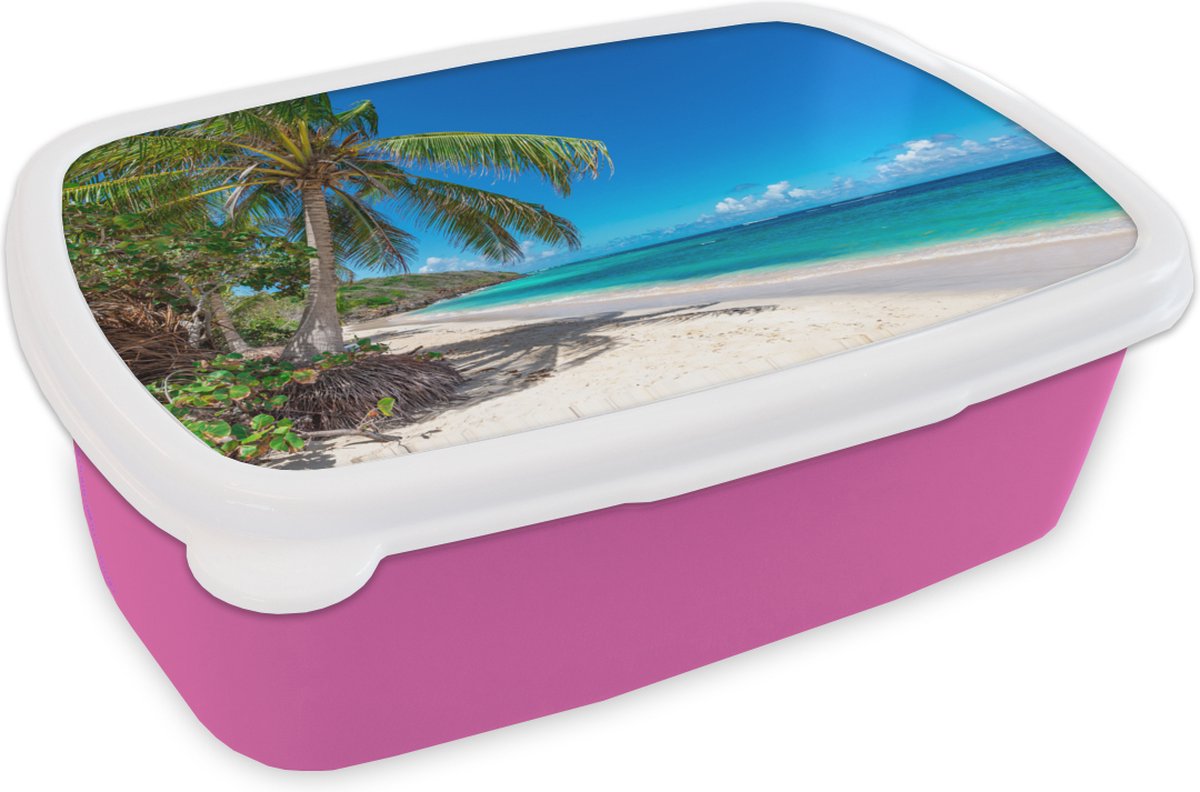 Broodtrommel Roze - Lunchbox - Brooddoos - Strand - Zee - Tropisch - 18x12x6 cm - Kinderen - Meisje