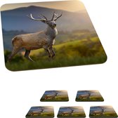 Onderzetters voor glazen - Hert - Berg - Gras - Zonsondergang - Dieren - Natuur - 10x10 cm - Glasonderzetters - 6 stuks