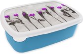 Broodtrommel Blauw - Lunchbox - Brooddoos - Bloemen - Tulpen - Paars - 18x12x6 cm - Kinderen - Jongen