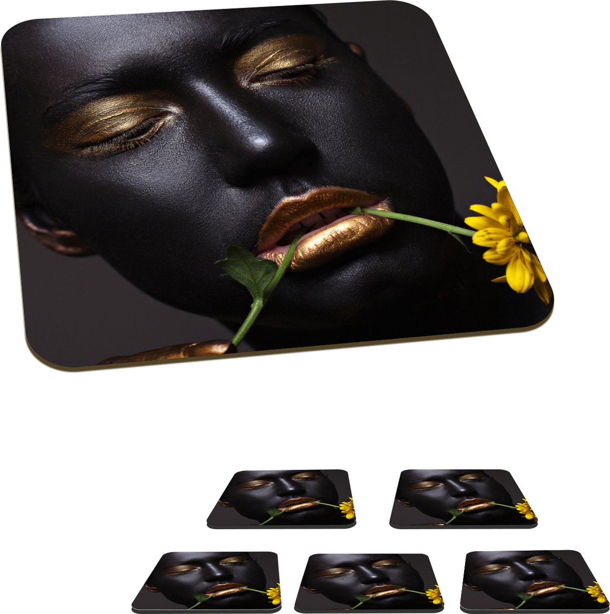 Onderzetters voor glazen - Vrouw - Goud - Bloem - 10x10 cm - Glasonderzetters - 6 stuks