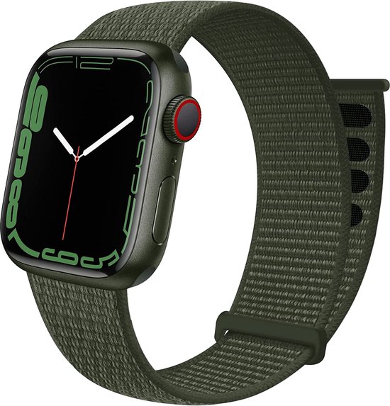 Legergroen sportbandje met klittenbandsluiting, bevestigd aan een donkergroene Apple Watch.