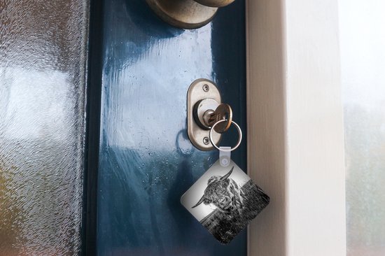 Porte-clés Scottish Highlanders - Close-up Scottish Highlander en plastique noir et blanc porte-clés - porte-clés carré avec photo