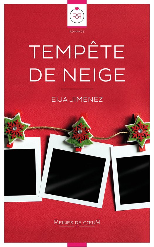 Couverture du livre 'Tempête de Neige' sur fond rouge, avec 'Romance' et 'Eija Jimenz'. Trois photos vierges et décorations de sapin de Noël.
