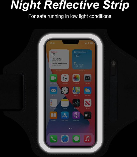 Zwarte sportarmband met lichtgevende rand om de telefoon, voor zichtbaarheid in het donker.