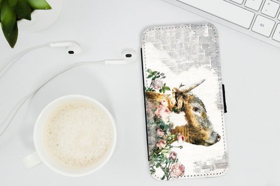 Bookcase pour iPhone 13 Mini Bookcase - Highlander écossais - Peinture - Fleurs - Avec compartiments - Étui portefeuille avec fermeture magnétique