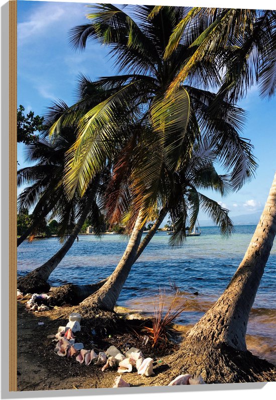 WallClassics - Hout - Schuine Palmbomen op het Strand - 60x90 cm - 12 mm dik - Foto op Hout (Met Ophangsysteem)