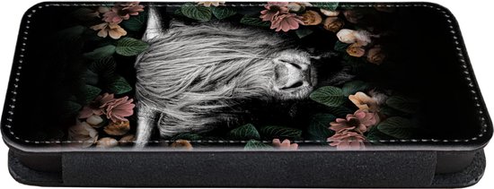 Étui pour téléphone iPhone 13 Bookcase - Highlander écossais - Fleurs - Rose - Avec compartiments - Étui portefeuille avec fermeture magnétique