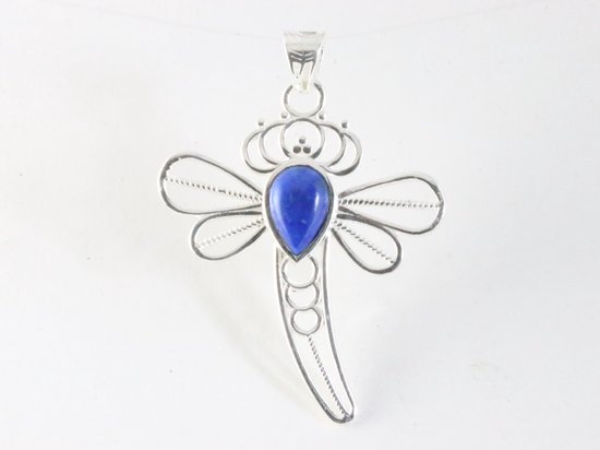Opengewerkte zilveren libelle hanger met lapis lazuli