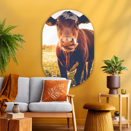 Ovale mural - Ovale mural - Décoration murale en plastique - Tableau ovale - Vache - Coucher de soleil - Fleurs - Herbe - Animaux - 80x120 cm - Forme miroir ovale sur plastique