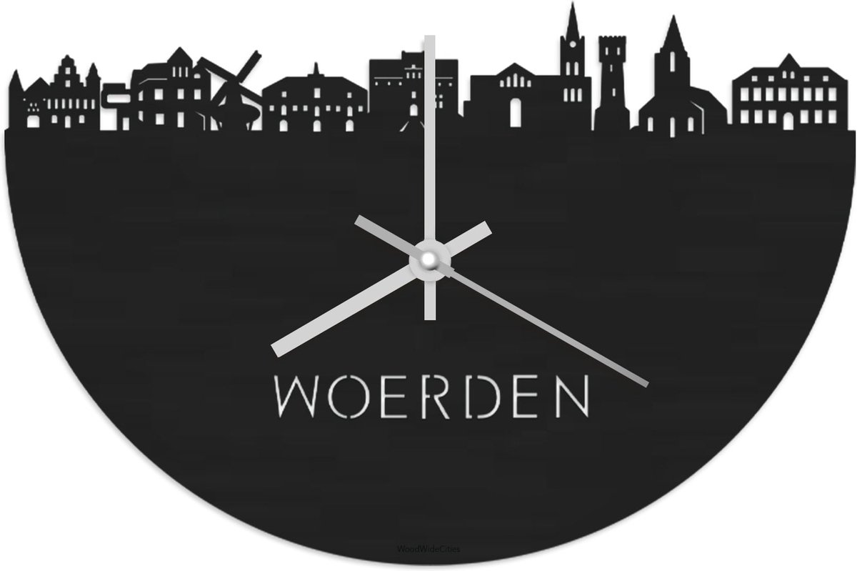 Skyline Klok Woerden Zwart hout - Ø 40 cm - Stil uurwerk - Wanddecoratie - Meer steden beschikbaar - Woonkamer idee - Woondecoratie - City Art - Steden kunst - Cadeau voor hem - Cadeau voor haar - Jubileum - Trouwerij - Housewarming - WoodWideCities