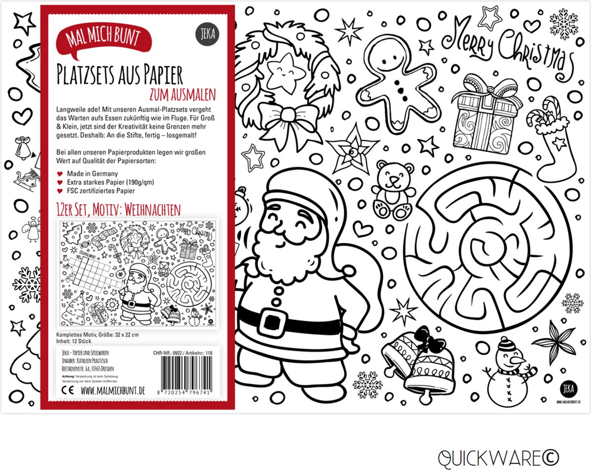Inkleurbare Placemats - Kleurplaten - 12 stuks - Papieren Placemat - Onderlegger - Thema: Kerst - Educatief & Creatief - Spelenderwijs Leren - Kerstman / Kerstmis / Christmas - Placemats voor Kinderen - Kinderplacemat - Kleuren & Tekenen voor Kids