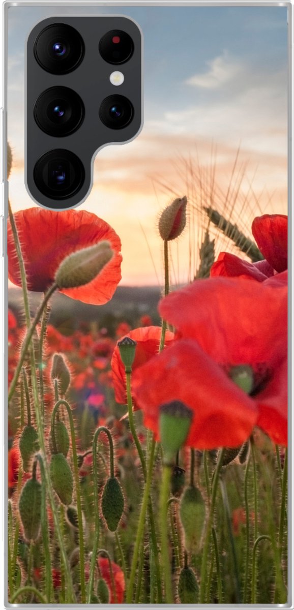 Telefoonhoesje Geschikt voor Samsung Galaxy S22 Ultra hoesje - Zonsondergang achter de mooie Klaprozen - Siliconen Telefoonhoesje Telefoonhoesje
