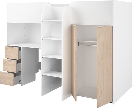 Lit mi-hauteur Neda 90x200cm - blanc/décor de chêne - Parisot - Lits d'enfant avec barrière - Blanc|Brun - Panneaux de particules - Lits d'enfant avec barrière