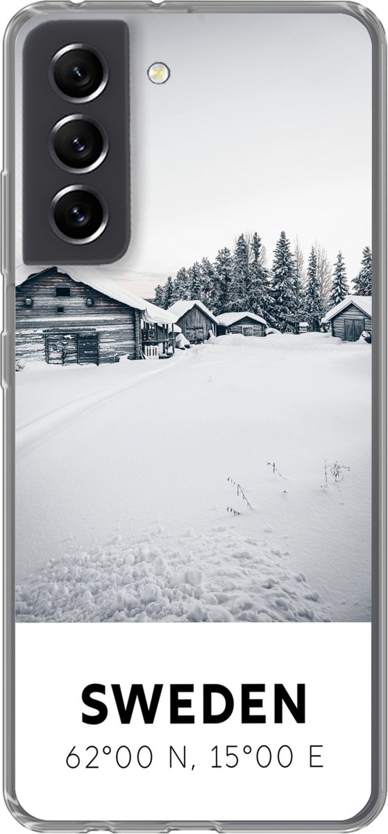 Telefoonhoesje Geschikt voor Samsung Galaxy S21 FE hoesje - Zweden - Sneeuw - Bomen - Siliconen Telefoonhoesje Telefoonhoesje