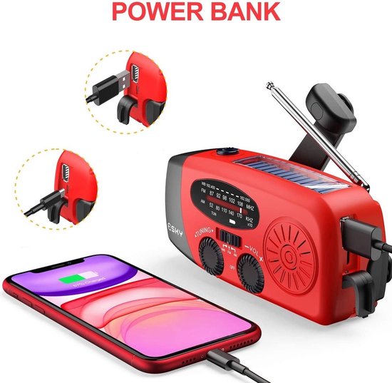 Draagbare noodradio - Powerbank 2000 mAh - Zaklamp - Solar opwindbaar - SOS alarm - USB-C kabel - Noodpakket - Kunststof - rood - Merkloos