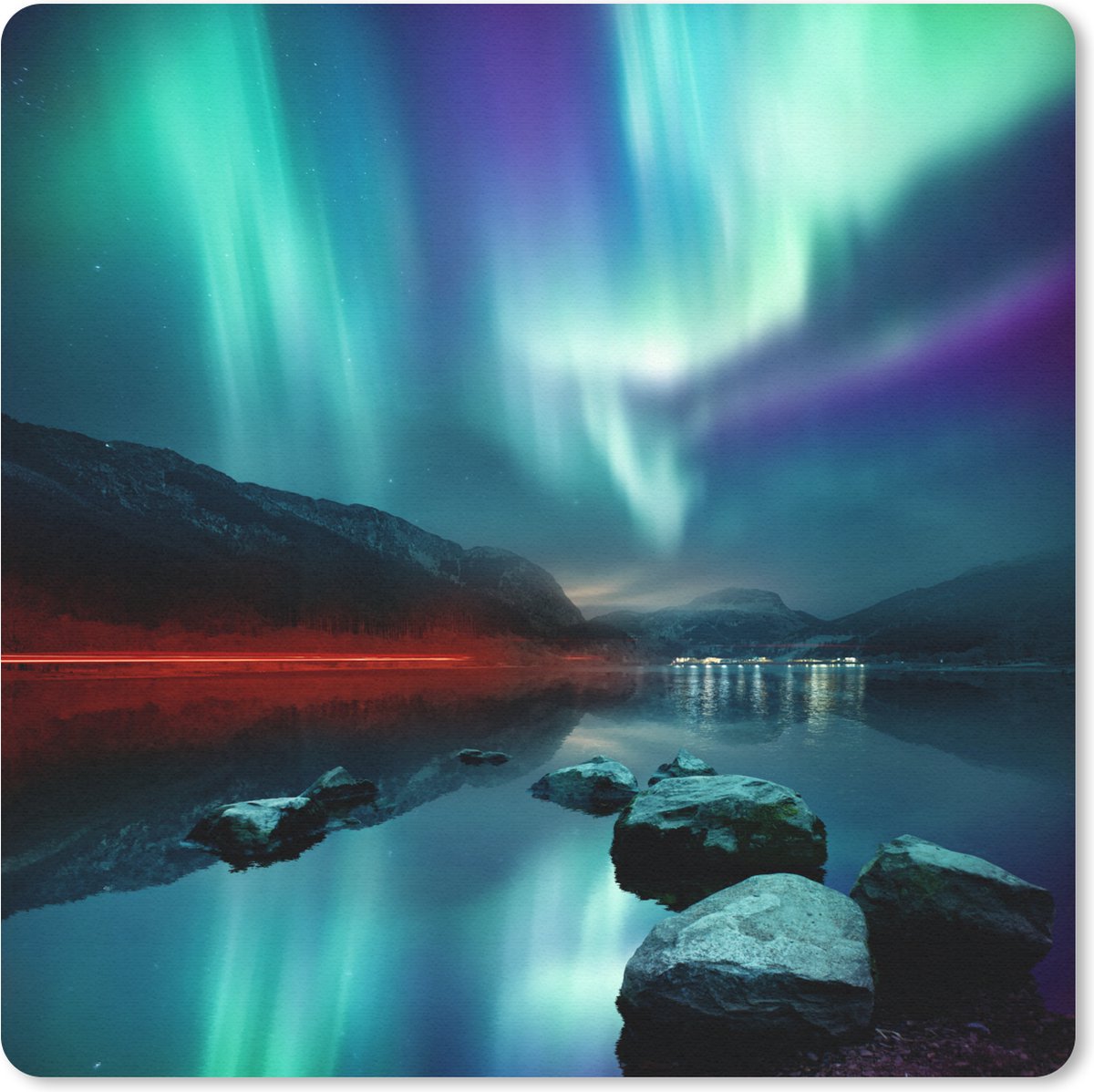 Muismat 30x30 cm - Mousepad Noorderlicht - Stenen - Water - Muismatten