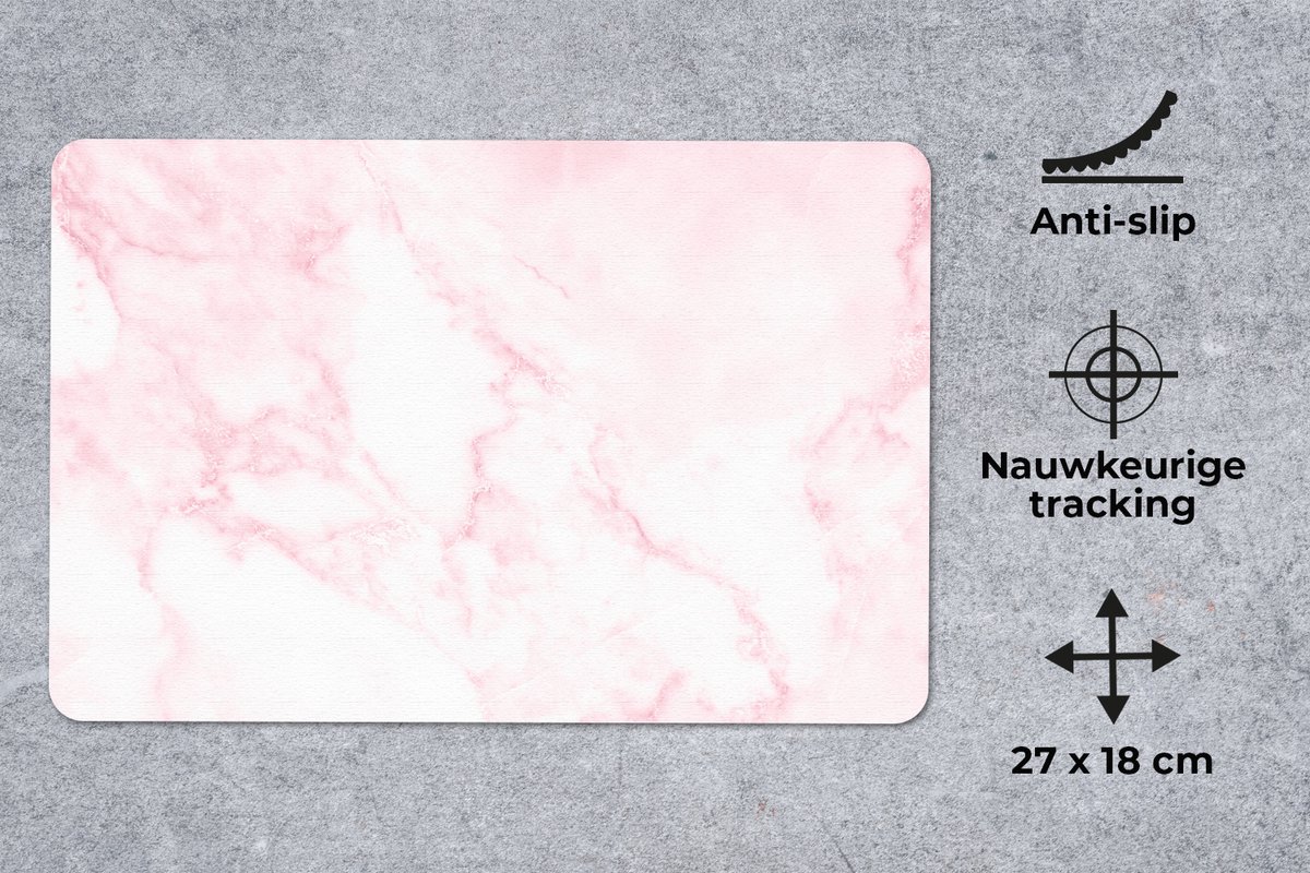 Muismat 27x18 cm - Mousepad Marmer - Wit - Roze - Chic - Marmer printlook - Muismatten