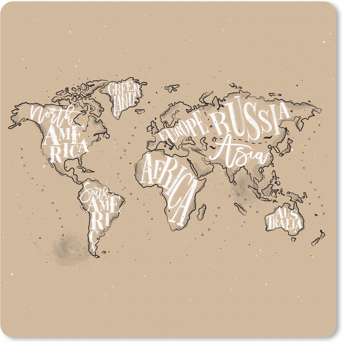 Muismat 30x30 cm - Mousepad Wereldkaart - Bruin - Wit - Letters - Muismatten