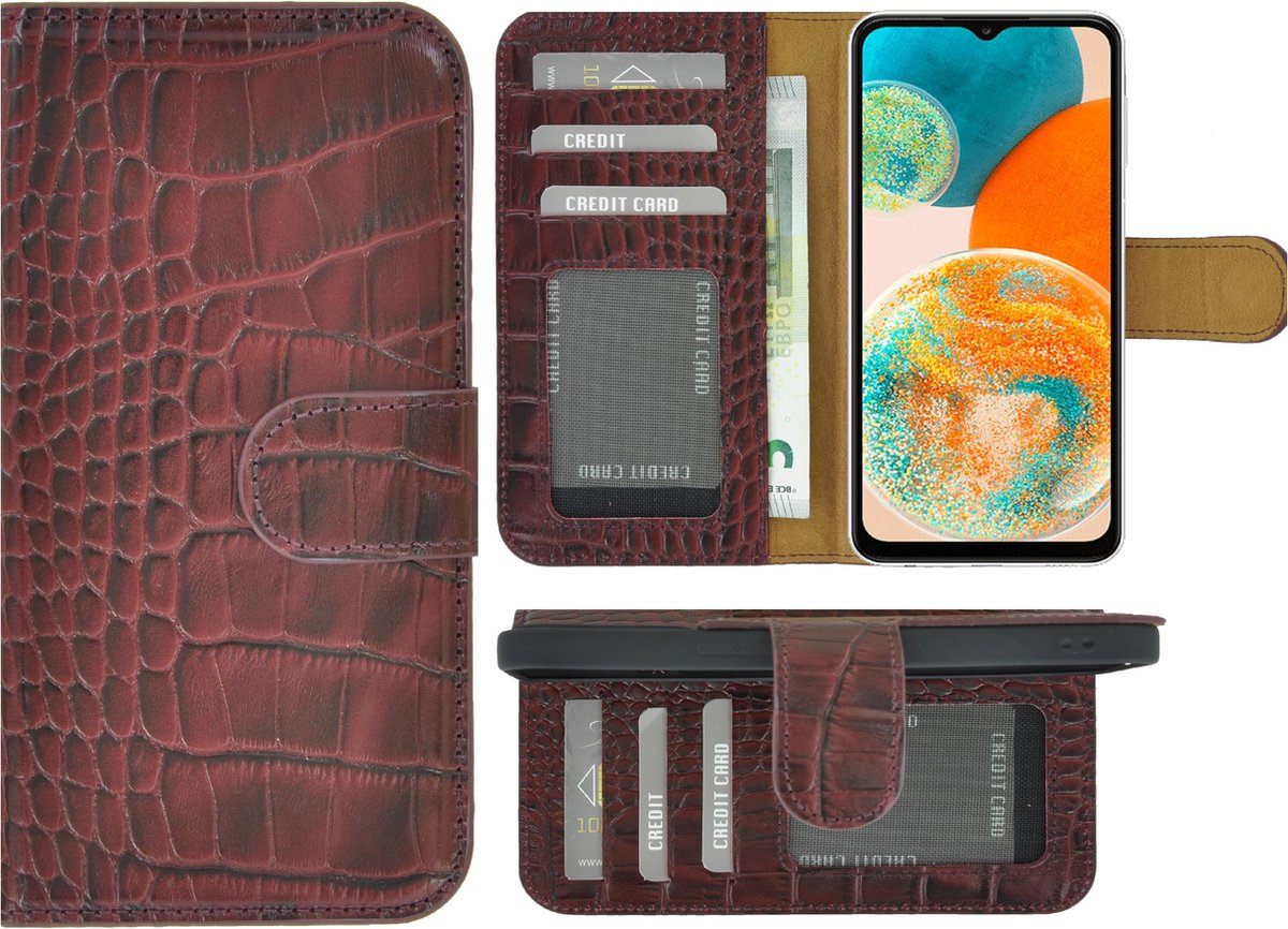 MoDo hoesje voor Samsung Galaxy A23 - Echt Leer Book Case - Croco Bordeauxrood