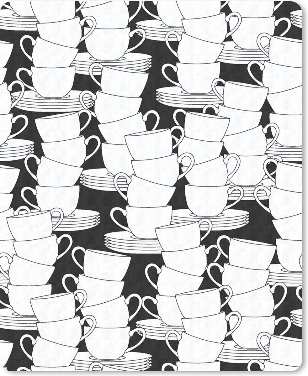 Muismat 19x23 cm - Mousepad Patronen - Zwart wit - Kopjes - Thee - Muismatten
