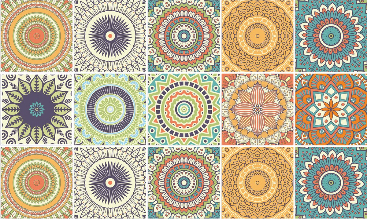 Plaktegels - Zelfklevende Tegels - 15x15 cm - Ulticool - Mandala Zon Bloem Oranje Groen Blauw - 15 stuks - Decoratie Sticker Tegels - Plakfolie Tegelstickers - Achterwand voor de Muur Badkamer - Keukenwand Keuken - Sticktiles