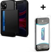 ShieldCase Étui porte-cartes avec glissière adapté pour Apple iPhone 12 Mini - 5,4 pouces - noir + protecteur d'écran en verre