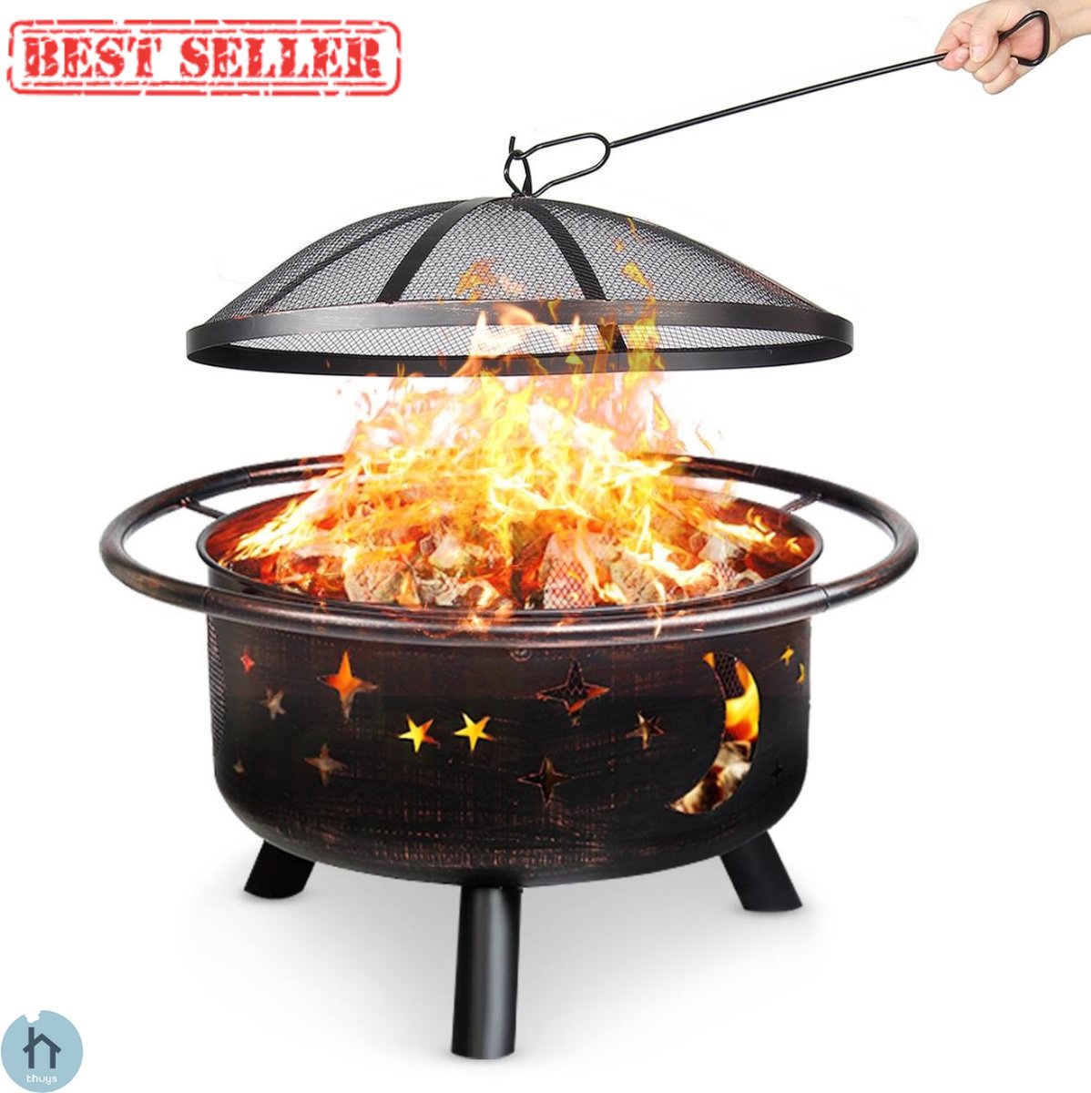Relaxdays vuurschaal met vonkenscherm, tuin & terras, met pook, buitenhaard, D: 74 cm, zwart