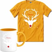 Merry Christmas kerst hert - T-Shirt met mok - Meisjes - Geel - Maat 12 jaar